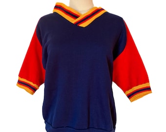 Vintage 70s Camp Short Sleeve Sweatshirt Retro Indie Vibes Navy Red Stripes Large/XL