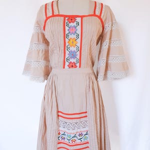 Vintage 60s Angel Sleeve Embroidered Lace Mexican Tiered Wedding Dress SM