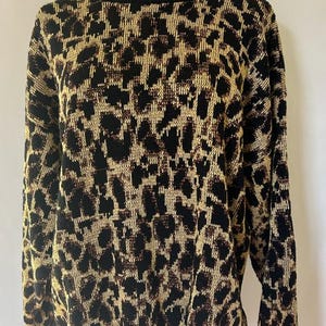 Vintage 80s Metallic Gold Leopard Animal Print Knit Sweater M/L