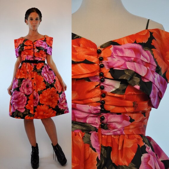 Vintage 80s Heidi J Strapless Floral Dress with B… - image 3