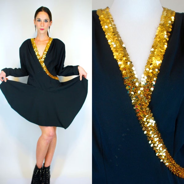 Vintage 50s Art Deco Black Crepe Circle Skirt Mini Long Sleeves + Gold Sequins. MOD Sequin Drop waist Swing Skater boho dress Small - Medium