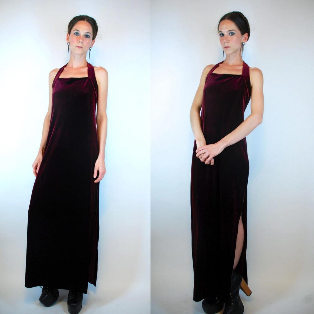 80s Vintage Deep Wine Velvet Maxi Dress Slit