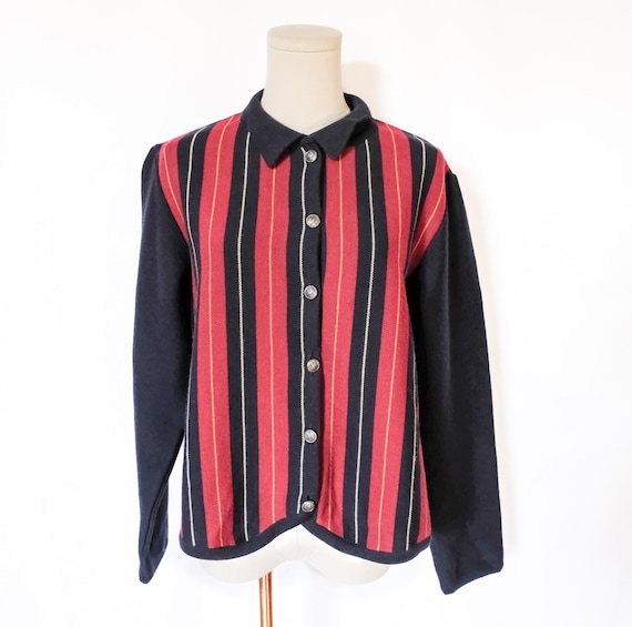 Façonnable, Vintage 90s Faconnable Navy & Red Striped Knit Wool Button Up Cardigan Preppy SM