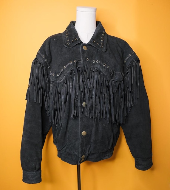 ジャケット・アウター 90s suede fringe collar Vintage 90s Black Wilson's Leather Suede Jacket W/ Fringe Men's