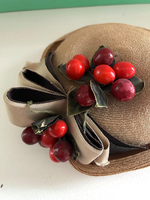 Vintage 1950s Novelty Cherry Fruit Breton Hat wit… - image 5