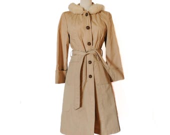 Vintage 70s Khaki Insulated Button Up Faux Fur Trench Coat Hooded SM