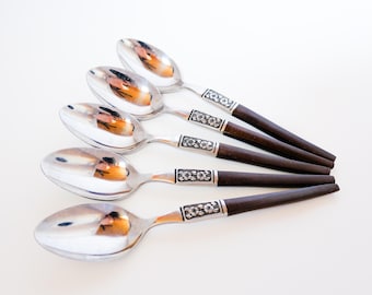 Vintage 60s MCM Ekco Eterna Floral Forged Stainless Japan EKS14 Mid Century Modern Silverware Flatware - Set of 5 Teaspoons