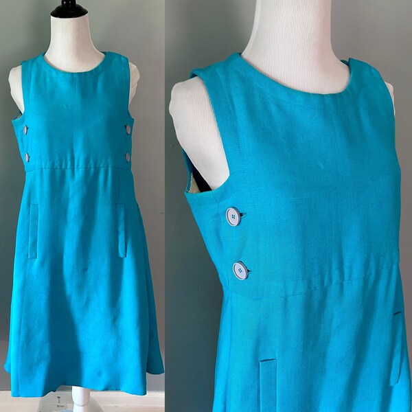 Vintage 60s Mod Teal Blue Swing Dress S/M