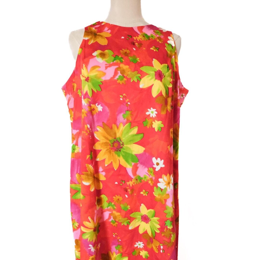 Vintage 60s Red Floral Barkcloth Hawaiian Sleeveless Maxi Dress 2XL - Etsy
