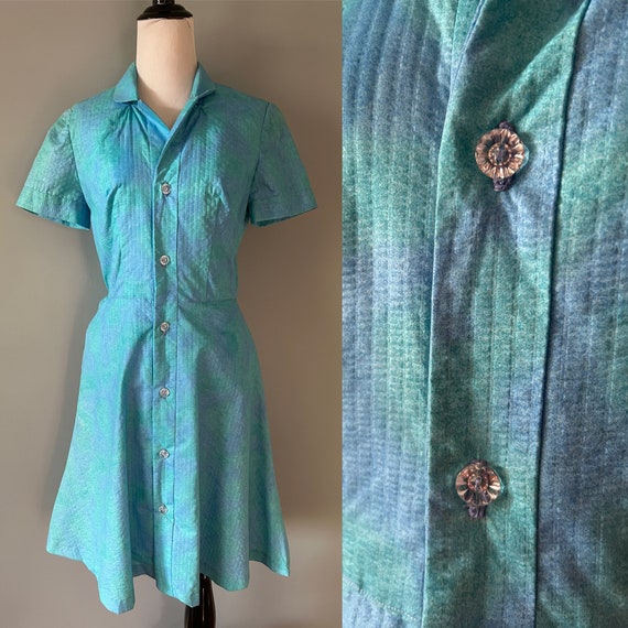 True Vintage 50s Blue Green Watercolor Day Dress … - image 1