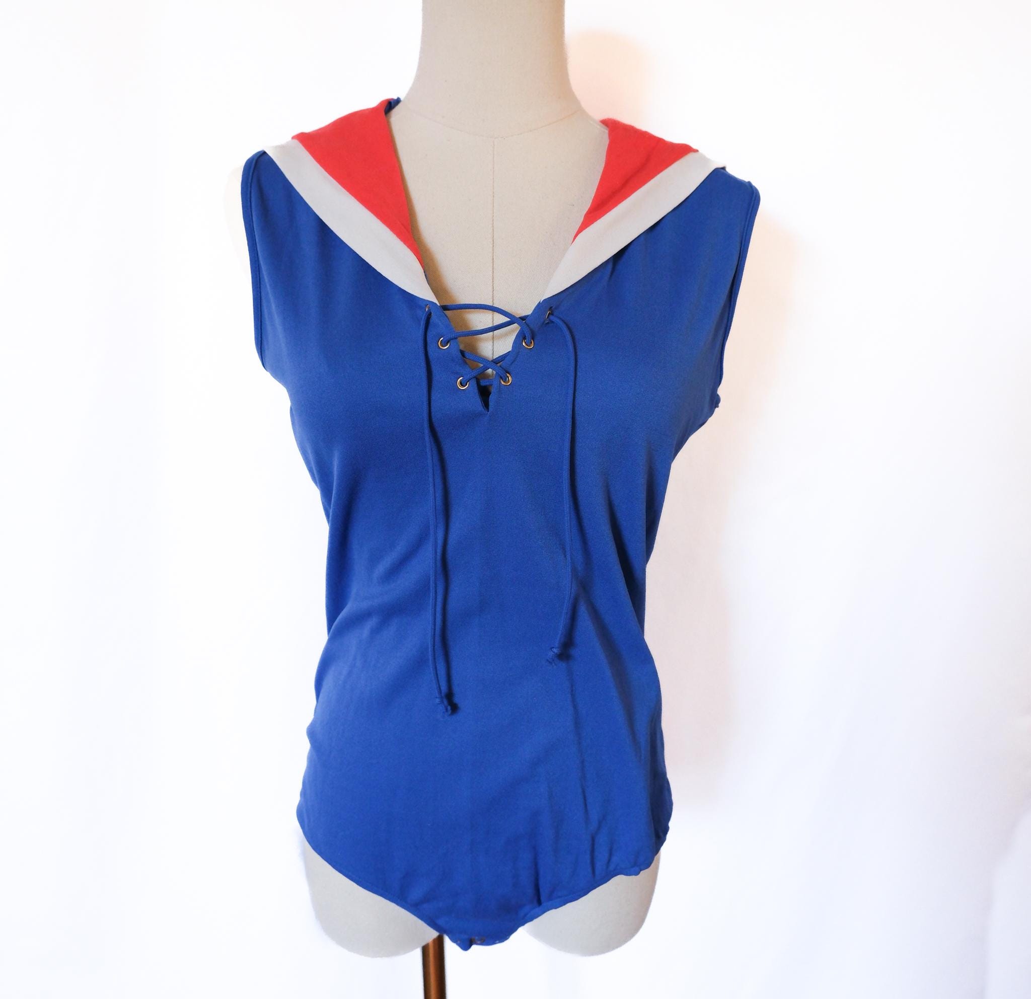 Vintage 70s Sailor Collar Sleeveless Laced Bust Bodysuit Blue Red White SM