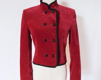 Vintage 80s Jaeger Burgundy Velvet Bellhop Jacket Blazer Designer Wear to Work XS/S