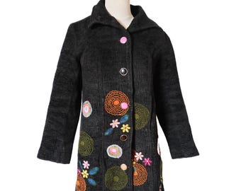 Vintage Y2k 00s Embroidered Floral Black Peacoat Coat Jacket Button Up SM