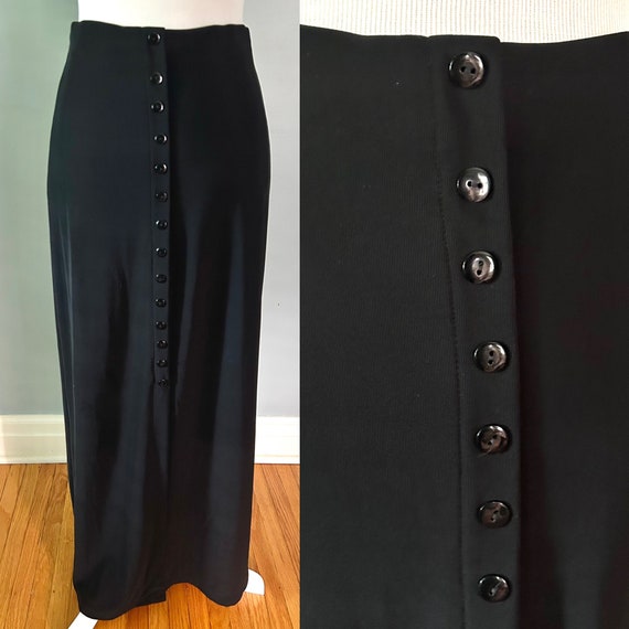 Vintage 90s Buttoned Black Midi Skirt Medium Wear… - image 1