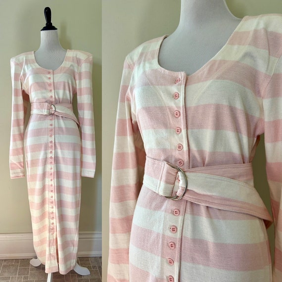 Vintage 80s Pink & White Stripe Long Sleeve Butto… - image 1