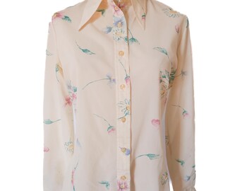 Vintage 70s Cream Floral Print Long Sleeve Button Up Blouse Wear to Work SM