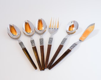 60s MCM Ekco Eterna Floral Forged Stainless Japan EKS14 Mid Century Modern Silverware Flatware - Set of teaspoons, fork, butter knife