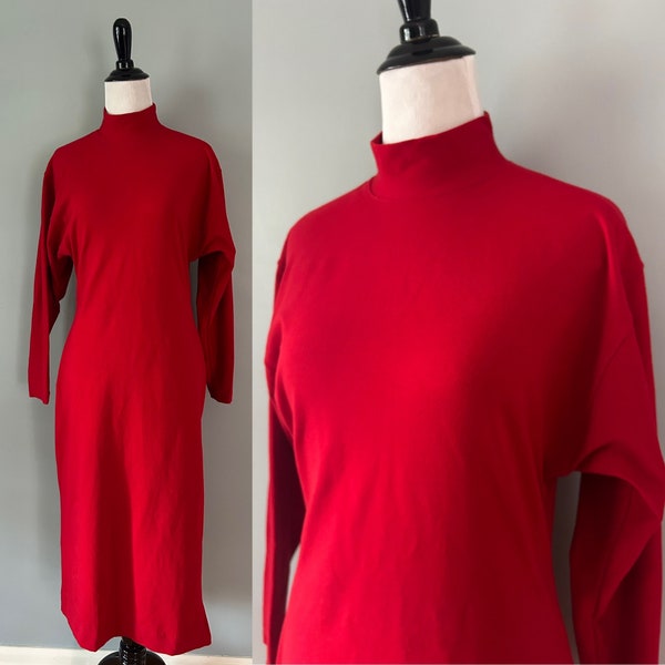 Vintage 80s Red Sack Dress with High Zippered Slit and Long Sleeves Small