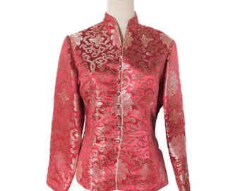 Vintage 100% Silk Red Brocade Chinese Jacket Blazer Top w/ Frog Buttons XS / S