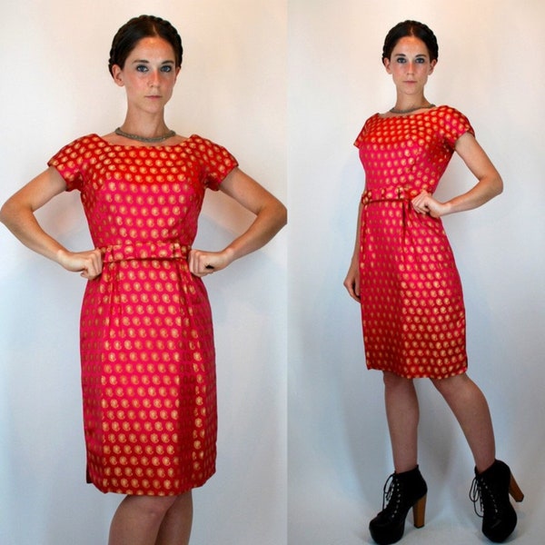 Vintage 50s Dynasty Silk Brocade Cranberry Red Pink Dress. Fitted Wiggle Mod Cocktail Sheath w/ Metallic Gold Paisley + Cap Sleeves Small