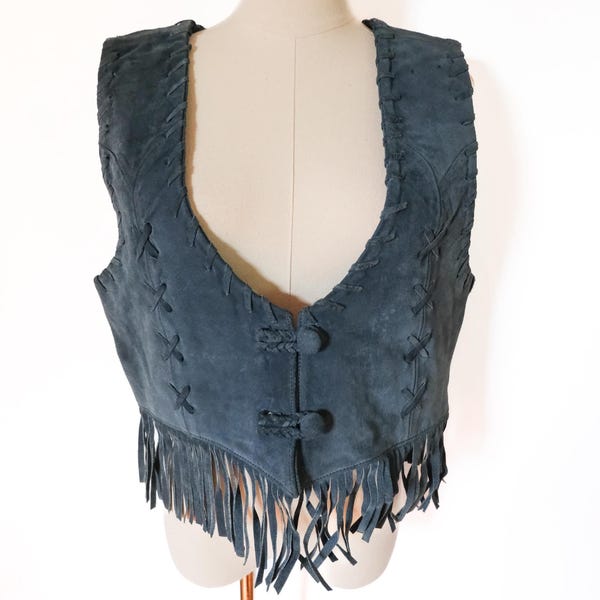 Vintage 90s Navy Blue Western Cowgirl Suede 100% Leather Vest w/ Fringe S/M/L