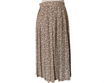 Vintage 70s Beige Floral Ivy Print Pleated Midi Skirt M / L