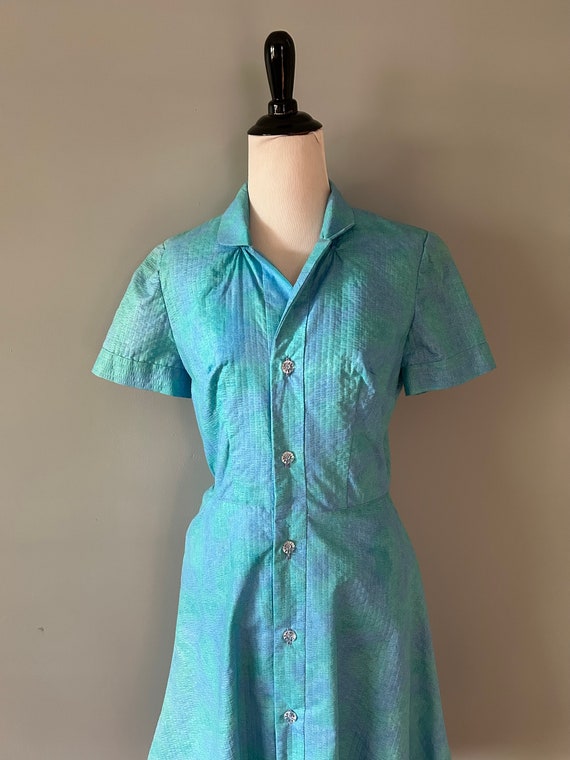 True Vintage 50s Blue Green Watercolor Day Dress … - image 4