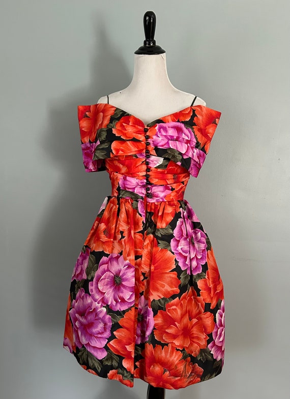 Vintage 80s Heidi J Strapless Floral Dress with B… - image 2