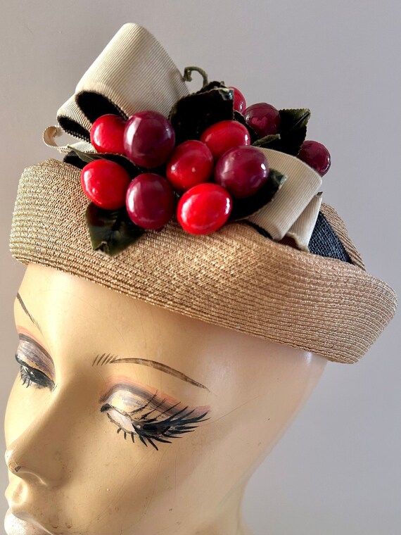 Vintage 1950s Novelty Cherry Fruit Breton Hat wit… - image 1