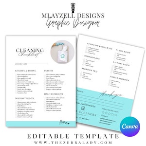 May include: A printable cleaning checklist template with a light blue background and a cute house icon. The checklist includes sections for kitchen and dining, ensuite, half bathroom, main bathroom, bedroom one, bedroom two, master bedroom, laundry room, family room, and staircase and hallways. The template also includes space for the client's name, notes, and a rating section for the cleaning service.