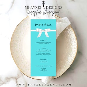 Party Menu Template, Party and Co, Breakfast at Tiffany&#39;s  Wedding Table Menu Card, Printable Tall Menu, Canva edit, INSTANT Download
