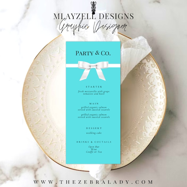 Party Menu Template, Party and Co, Breakfast at Tiffany's  Wedding Table Menu Card, Printable Tall Menu, Canva edit, INSTANT Download