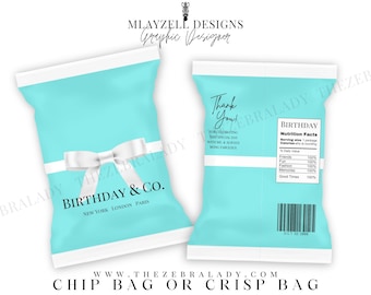 Diseño personalizado de DeLisa más botella de agua Birthday Co Desayuno en Tiffany's, Impresión imprimible de bolsas de papas fritas, Recuerdo, Envoltorios imprimibles de bolsas de papas fritas