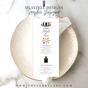 Couture-High-Tea-Menüvorlage, Stripe Cup Fashion, elegante Tischmenükarte, druckbar, bearbeitbar, großes Menü, Canva-Bearbeitung, SOFORTIGER Download