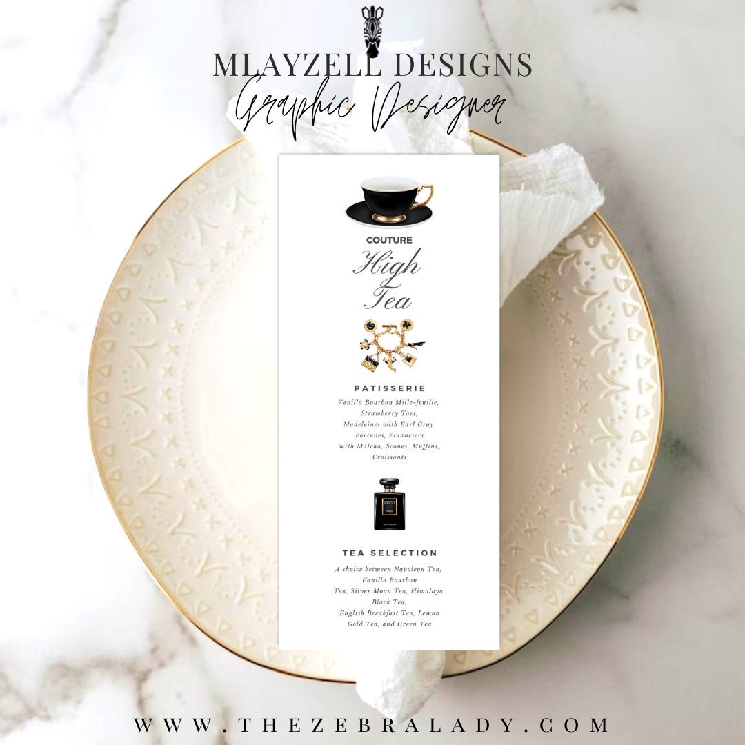 Couture High Tea Menu Template, Black Cup Fashion, Elegant Table Menu ...