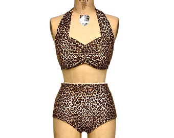 Helen Vintage Style Bikini mit hoher Taille: Neckholder-Badeanzug mit Gepardenprint
