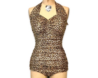 Helen vintage stijl badpak: cheetah luipaardprint, op maat gemaakt