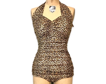 Helen Retro Vintage One Piece Women's Swimsuit - Cheetah Leopard Print - Custom Made to Your Measurements