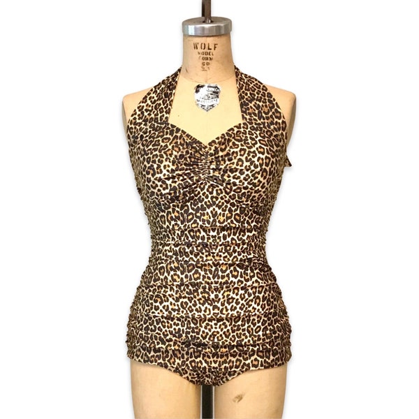 Helen Retro Vintage One Piece Women's Swimsuit - Cheetah Leopard Print - Custom Made to Your Measurements