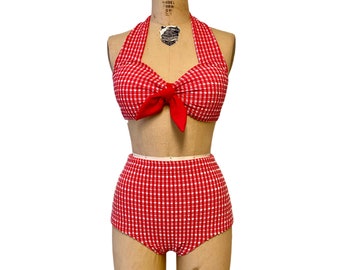 Helen Retro Vintage Two Piece Women's High Waist Bikini Swimsuit - Gingham Check - Custom Made to Your Measurements
