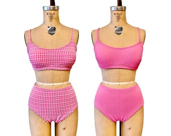 Wilma Retro Vintage Two Piece Women's Push Up Bralette Bikini Swimsuit - Gingham Check/Textured Fabric - Custom Made to Your Measurements