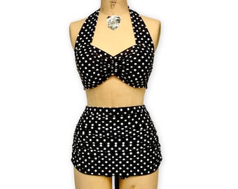 Costume da bagno bikini Helen retrò vintage a due pezzi da donna a vita alta con increspature sul davanti - Stampa - Realizzato su misura per le tue misure