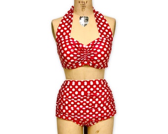 Helen Retro Vintage Print Two Piece Women's High Waist Ruched Front Bikini Swimsuit with Ruched Briefs - Custom Made to Your Measurements