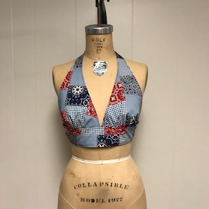 70s Halter Top: Retro Patchwork Bandana Print - Handmade Size S/M