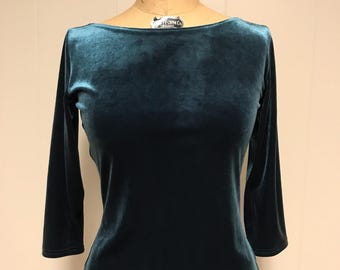Mary Ann Retro Velvet Boat Neck Top: 1950s Style - Size M Mallard Green Top