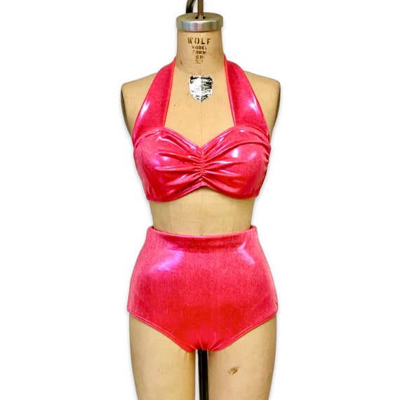 Helen Retro Vintage Two Piece Women's High Waist Bikini Swimsuit Foil  Metallic Custom Made to Your Measurements 