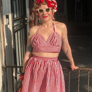 Julia Retro Vintage Two Piece Women&#39;s Playsuit - Red and White Stripe - Custom Made to Your Measurements
