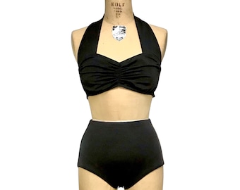 Helen Retro Vintage Two Piece Women's High Waist Bikini Swimsuit - Solid Colors - Custom Made to Your Measurements