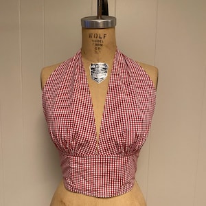 Mary Retro 70s Gingham Halter Top: Red White Check Tie Back - S/M - L/XL