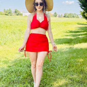Helen Retro Two Piece Women&#39;s Bikini Swimsuit - High Waist Skirt and Briefs with Tummy Control and Ruching - Solid Colors - Custom Made
